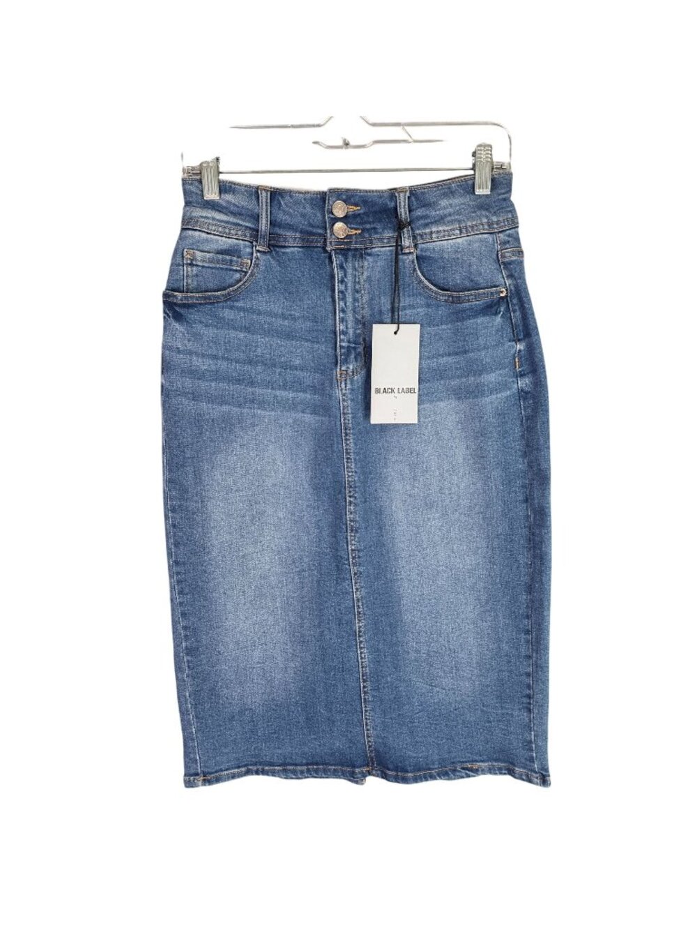 Womens Black Label By Cest Toi High Waist Blue Denim Midi Skirt Med Wash Size M